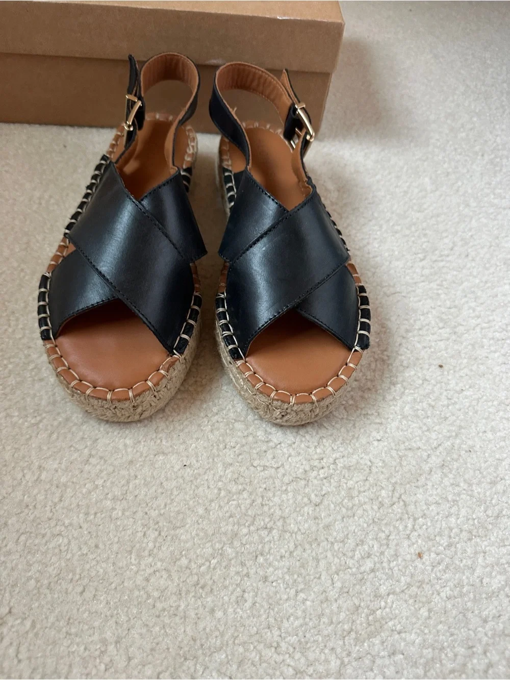 ALOHAS Black Leather Crisscross Espadrille Sandals